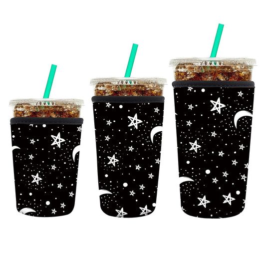 AUEKLLW 3 Pack Reusable Neoprene Insulator Sleeve for Iced Coffee Cups, Funny Coffee Cup Sleeves for 16-32oz Coffee cups, Cute Drink Sleeve for Cold Hot Beverages Cute Moon Star