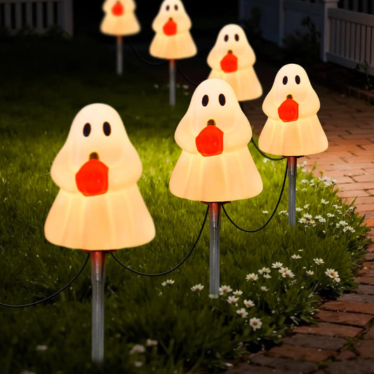 Halloween Ghost Pathway Lights Outdoor, 7Ft C7 Halloween Decorations Pathway String Lights with 4 Elves Holding Pumpkin Walkway Lights Waterproof, Plug-in Night Lights for Porch Yard Patio Garden