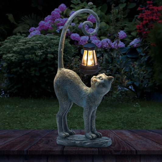 REYISO Fathers Day Decorations Gifts Outdoor Cat Garden Statues with Solar Lights, Home Decor Cat Figurines for Lawn,Patio,Balcony,Porch,Yard Art Ornament- Birthday Gifts for Women Grandma Sister