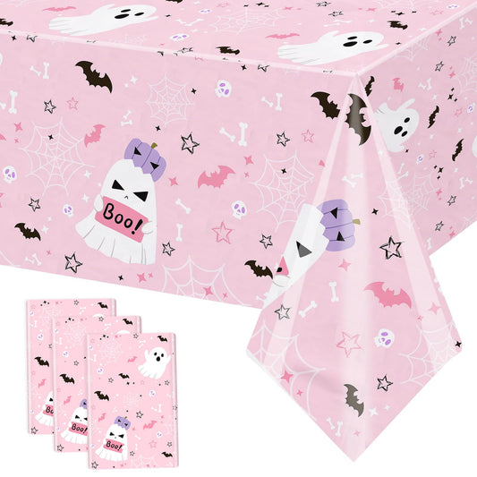 MEHOFOND 3 Pack Pink Halloween Plastic Tablecloths, Little Boo Baby Shower Decorations, Halloween Spooky Spider Web Happy Booday Disposable Table Cover Party Supplies for Birthday Baby Shower