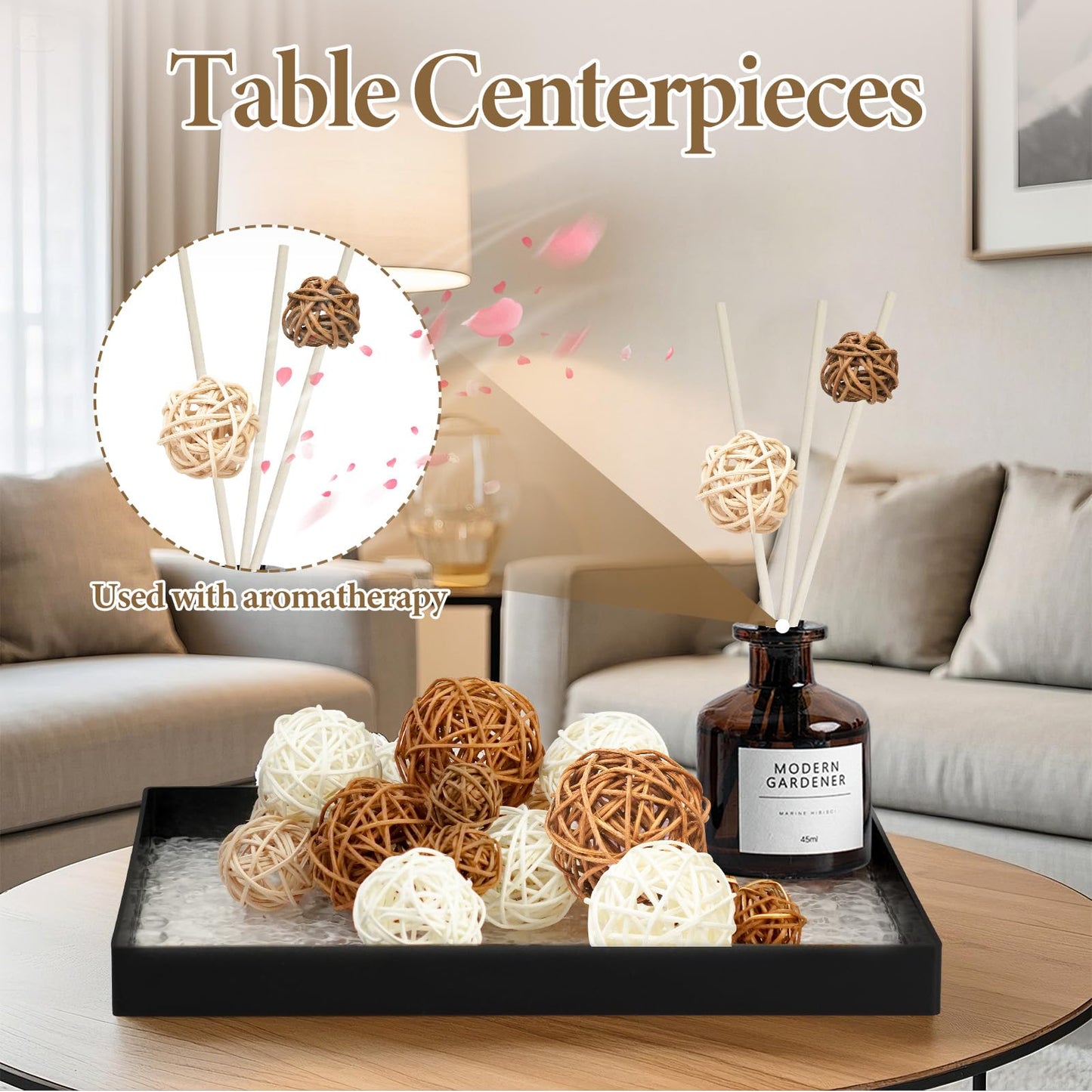 Taopk Ensk 27PCS Woven Rattan Decorative Balls, 2.4" Wicker Orbs for Bowl Centerpieces & Vase Fillers, Neutral Brown & White Decorative Spheres for Coffee Table Tray, Home Wedding Decoration