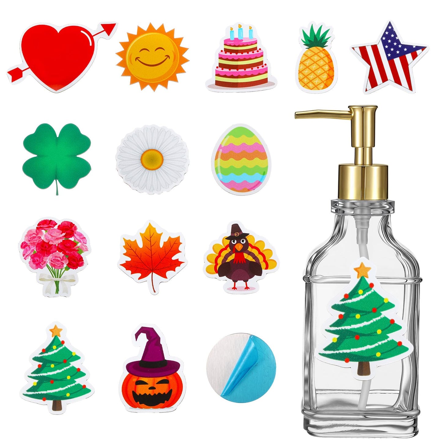 Teenyyou Seasonal Patriotic Soap Dispenser with 14 Interchangeable Seasonal Festival Magnets Glass Lotion 4th of July Fall Holiday Soap Dispenser for Farmhouse Kitchen Bathroom Accessories