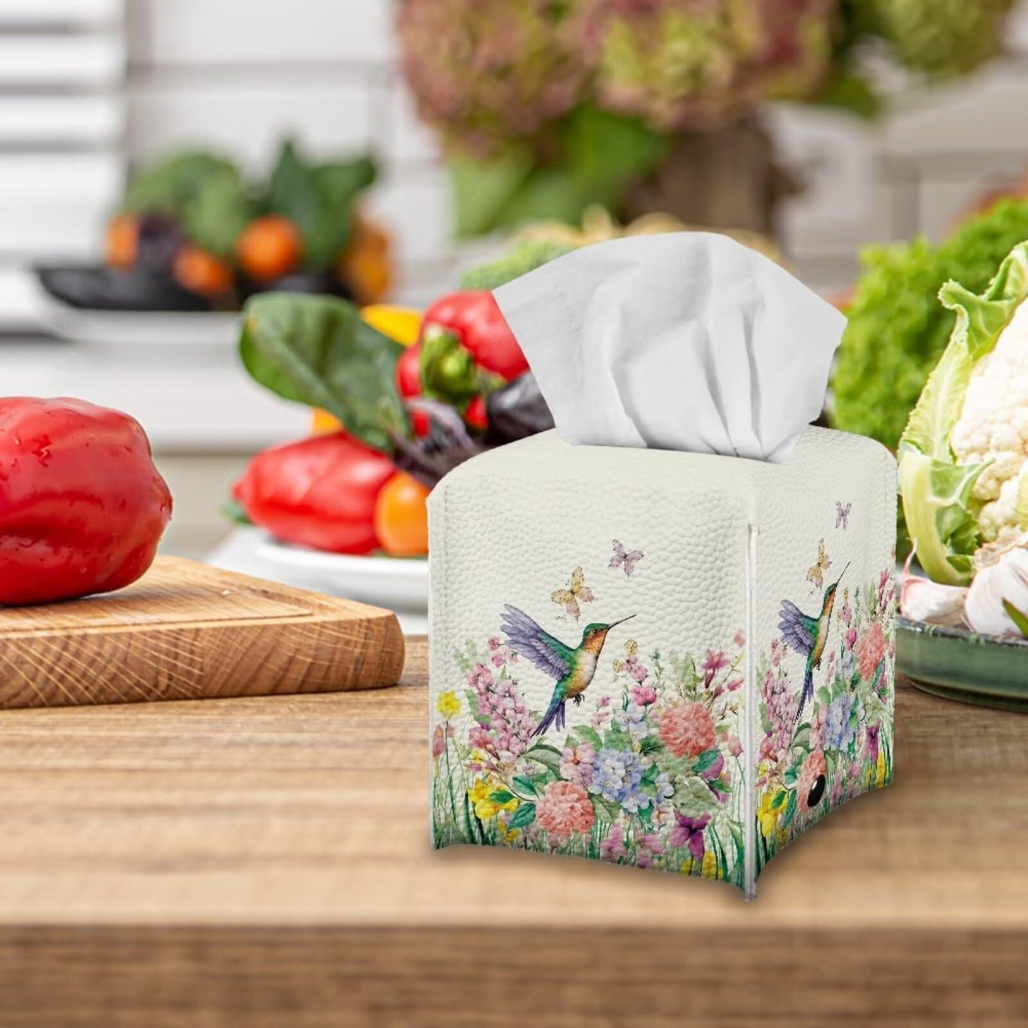 ZUXONGSY Hummingbird Tissue Box Cover Floral Leather Tissue Box Cover White Tissue Box Covers Cube for Countertop Tissue Boxes Bathroom Car