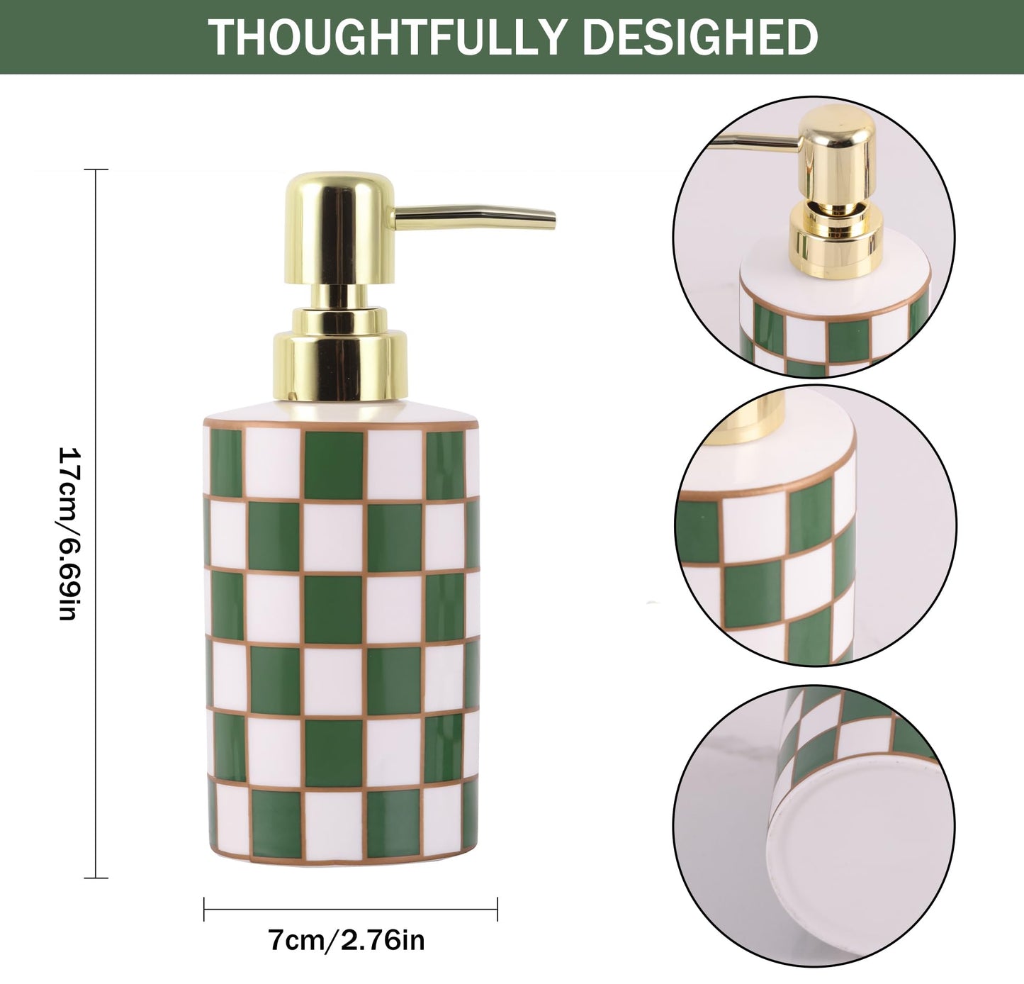 Checkered Bathroom Soap Dispenser,Gold Pump Ceramic Soap Dispenser,Kitchen Checkerboard Empty Pump Bottle,Bath Countertop Storage Organizer,Checkered Bathroom Decor (Green)