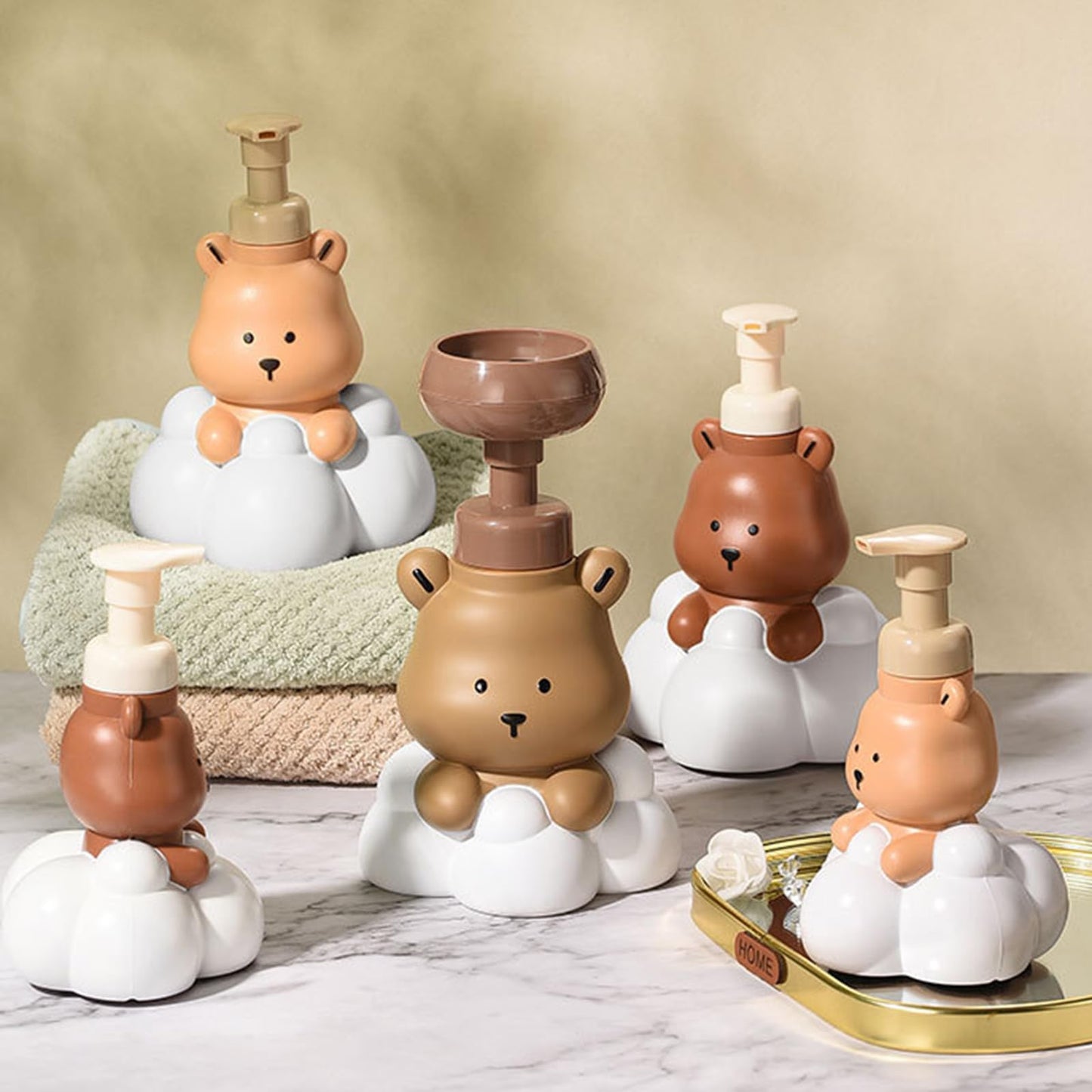 Meiliyizu Pump Bottle, Cartoon Bear Shaped Foam Soap Dispenser Foam Dispenser for Bathroom Refillable Hand Sanitizer and Shampoo Pump Bottle, Bear paw bottle brow