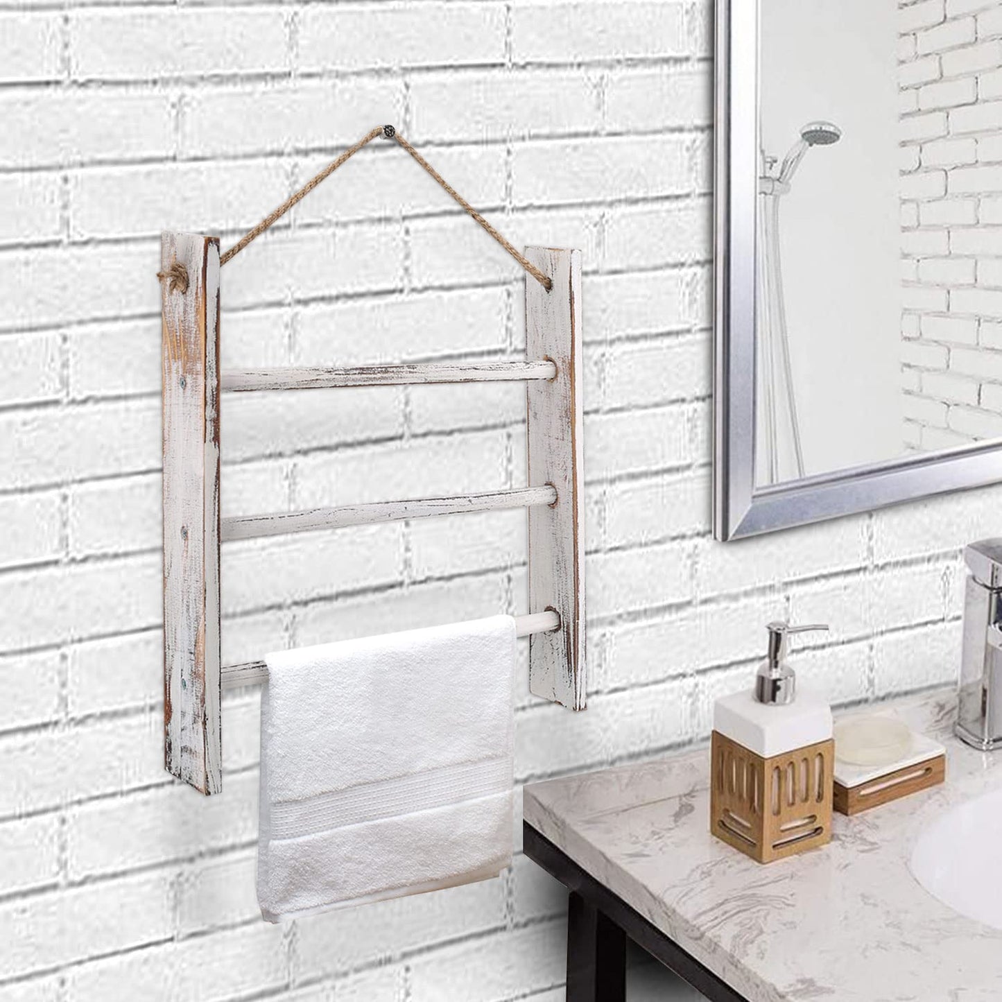 CuffUp Rustic Wood Ladder Hand Towel Rack for Bathroom, Farmhouse Blanket Ladder for Living Room Hanging Decorative Rack for Blankets Whitewashed Towel Rack with Rope (Whitewashed)