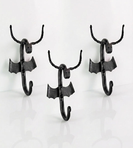 Hand Forged Dragon Shape Shape Wrought Iron Wall Hooks – Rustic Heavy Duty Coat & Towel Hangers, Vintage Farmhouse Wall Mounted Hooks for Entryway, Bathroom & Kitchen Organization (Set of 3)
