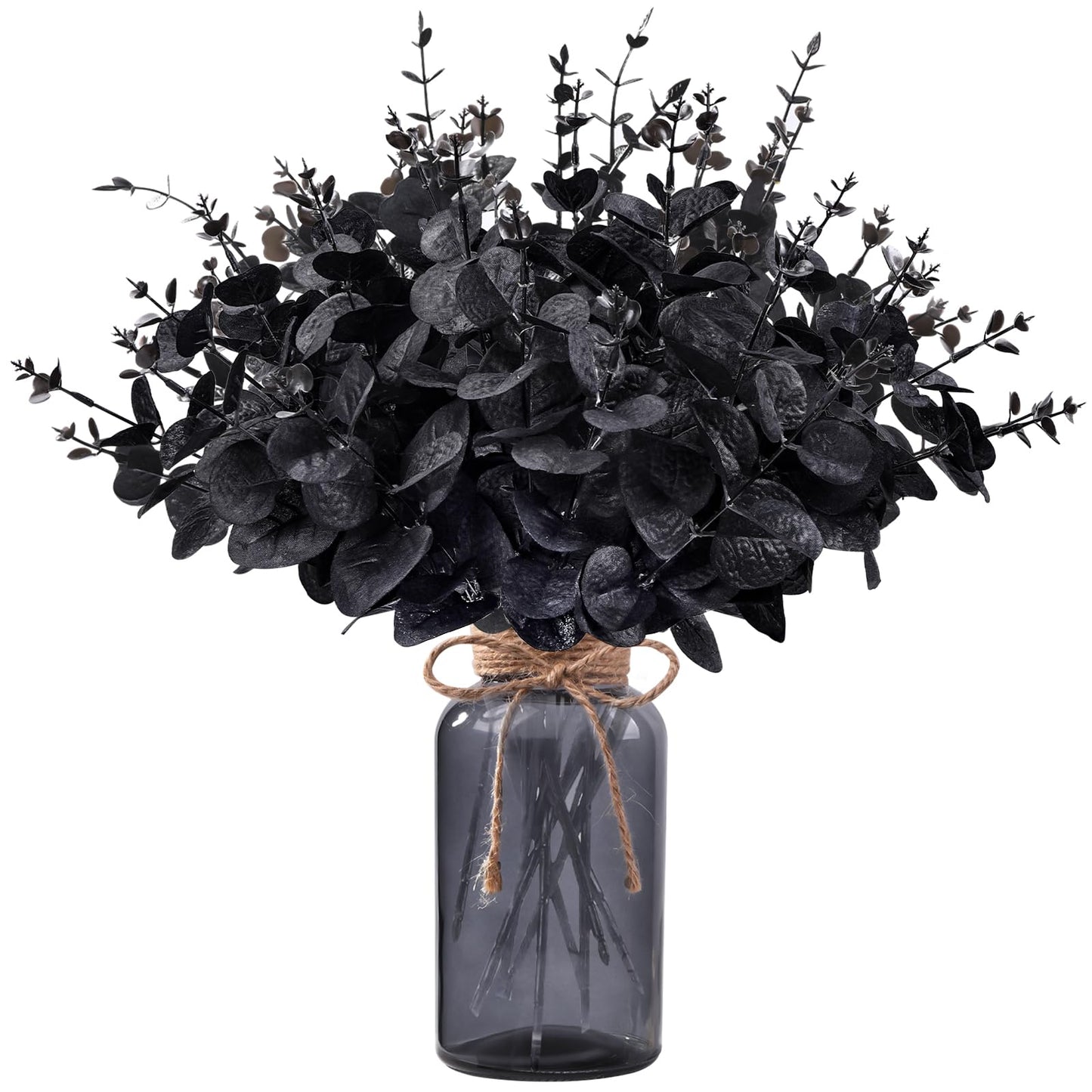 DIYDEC 12Pcs Black Artificial Flowers with Glass Vase 2 Styles Black Eucalyptus Stems for Halloween Outdoor Indoor Decoration Fake Eucalyptus Stems Branches for Party Home Table Centerpieces Decor