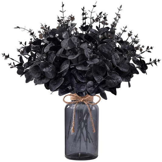 DIYDEC 12Pcs Black Artificial Flowers with Glass Vase 2 Styles Black Eucalyptus Stems for Halloween Outdoor Indoor Decoration Fake Eucalyptus Stems Branches for Party Home Table Centerpieces Decor