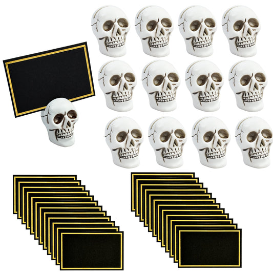 12pcs Halloween Skull Place Card Holders with 24 Cards, Skeleton Table Number Name Card Holder Gothic Photo Stands Display Centerpieces Halloween Table Setting Decor for Scary Birthday Wedding Party