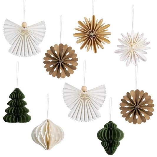 PAPER JAZZ Paper Ornaments for Christmas Tree,Angel Christmas Ornaments with Green Honeycomb Christmas Tree,Gold White Paper Snowflakes Hanging for Christmas Party,New Year,Wedding.