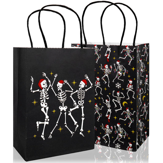JarThenaAMCS 24Pcs Gothic Christmas Gift Bags with Handles Black Dancing Skeleton Candy Goodie Bags for Xmas Gothic Party Favors Supplies