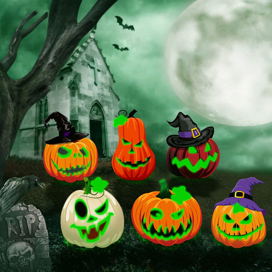Soaoo 6 Pack 16 Inch Halloween Decoration Outdoor Fluorescence Halloween Pumpkin Yard Signs with Stakes Spooky Faces and Witch's Hat Lawn Signs Scary Front Yard Decor for Holiday Party Decor