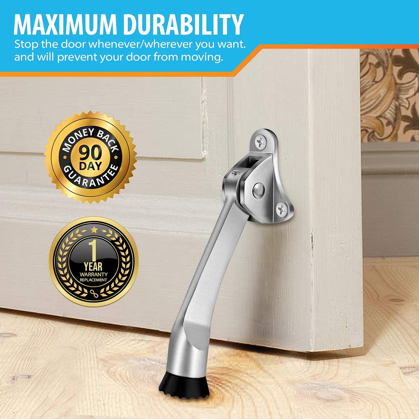 2 Pack 4 Inch Non-Slip Rubber Metal Door Stoppers - Kickstand, Hinge, Holder