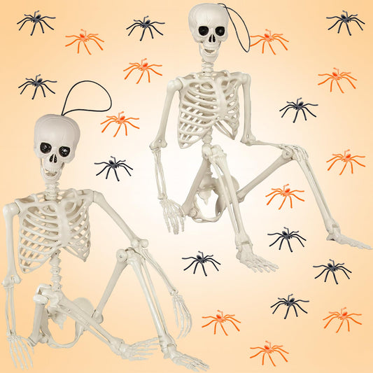 Halloween Decorations Party Decor Skeleton - Indoor CyanLime Yard Decor Outdoor 2Pcs 16” Posable Skeleton with 20pcs Fake Plastic Spiders Party Favors Supplies, Halloween Decoration for Class Office