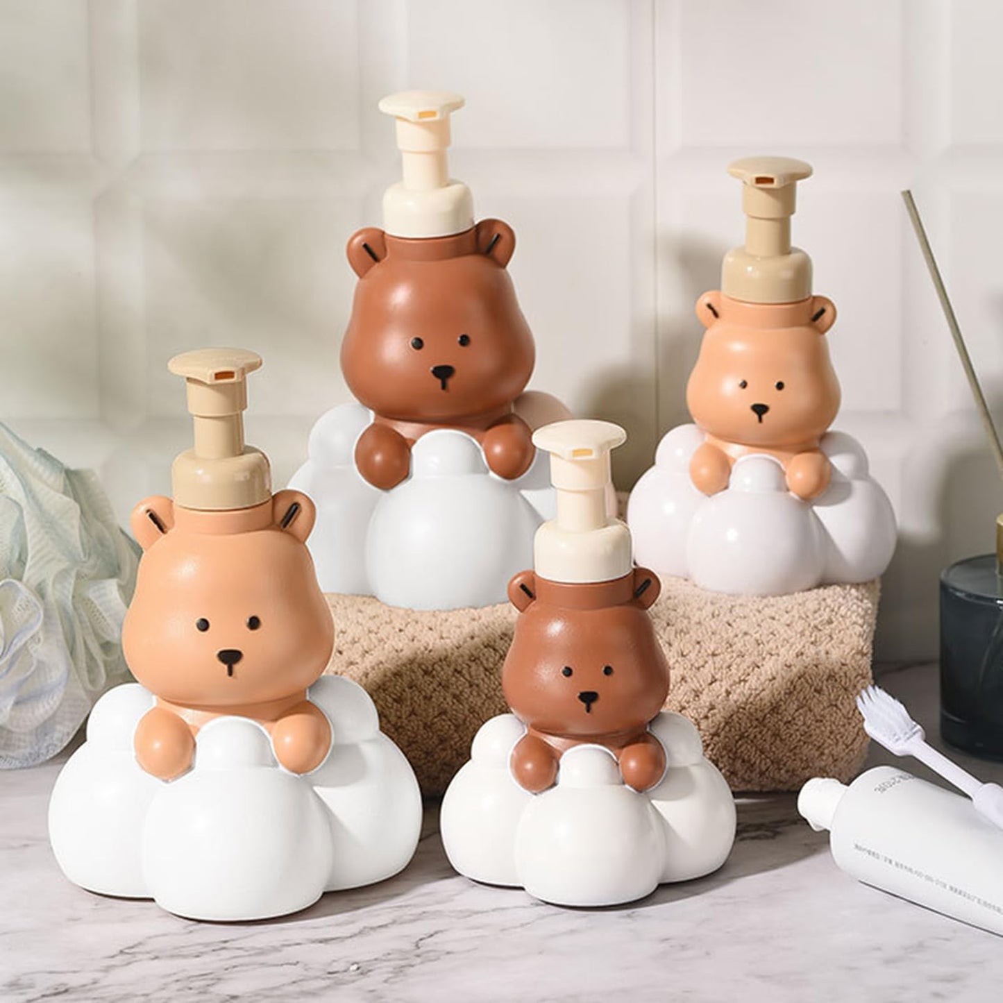 Meiliyizu Pump Bottle, Cartoon Bear Shaped Foam Soap Dispenser Foam Dispenser for Bathroom Refillable Hand Sanitizer and Shampoo Pump Bottle, Bear paw bottle brow