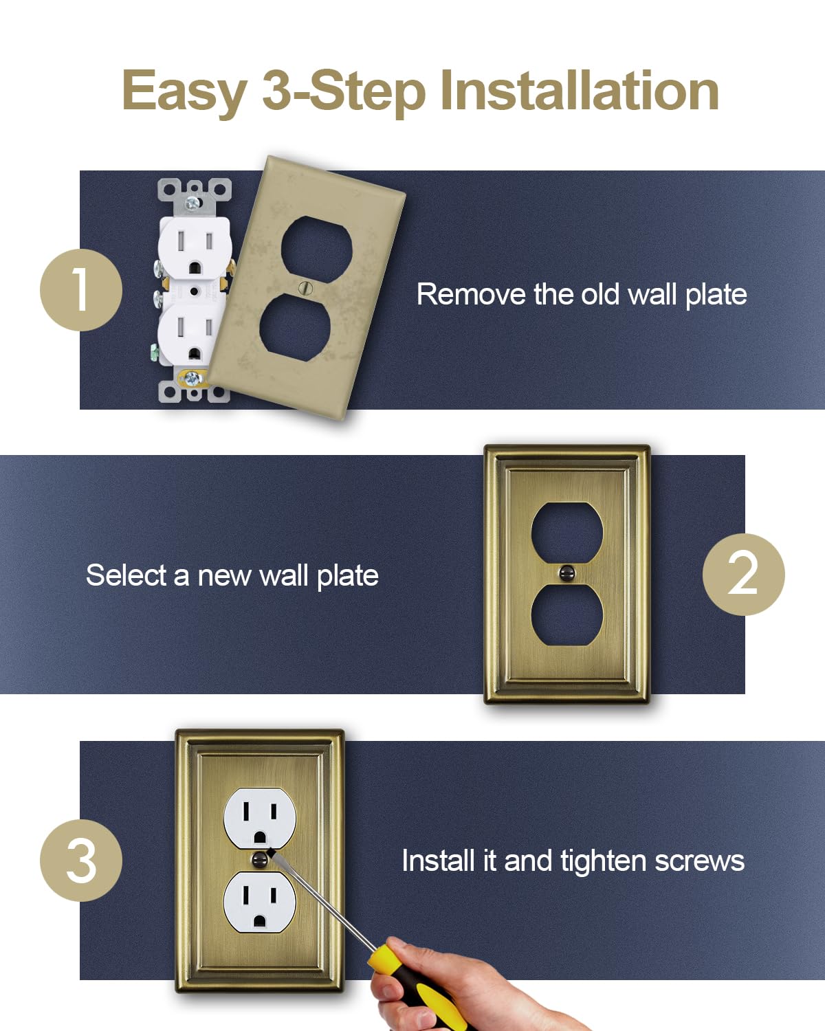 ZILLSEA Decorative Metal Wall Plates, Switch Plates Outlet Covers (Antique Brass/1 Duplex 4 Pack)