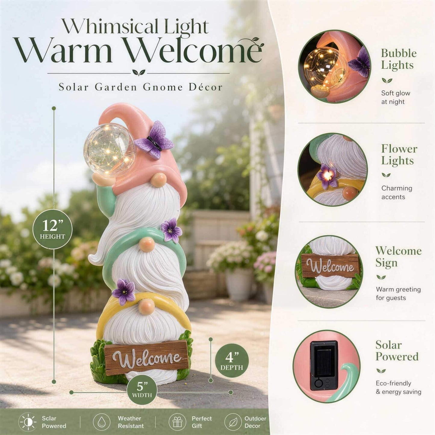 Large Garden Gnome Statues Solar Lights, Waterproof Outdoor 3 Stacked Spring Gnomes Sculptures Gifts Idea for Birthday Mother Father Day Christmas Thanksgiving 12 Inch Welcome Sign Porch Decor