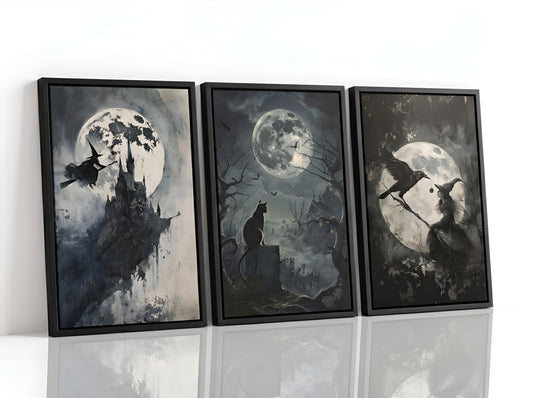 SOUHLP Gothic Wall Art Witch Black Cat Raven Poster Set, 12x16in