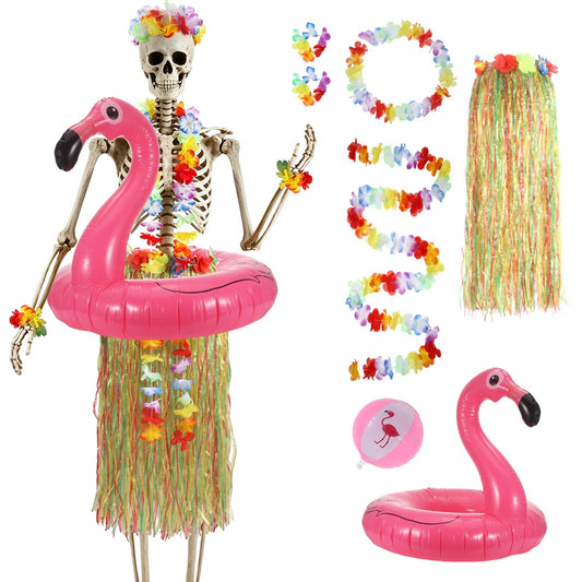 7Pcs Summer Hawaiian 12 ft Skeleton Costume Accessories Include Inflatable Flamingo Swimming Ring Hawaiian Hula Grass Skirt Beach Ball Wristbands Flower Garlands for Garden Lawn Luau Party Decor