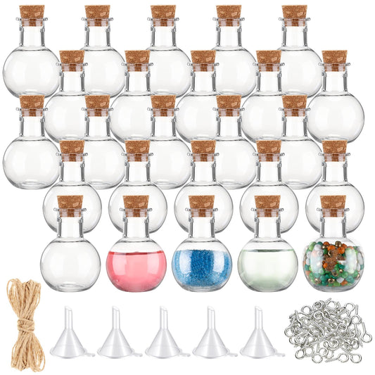 Bokon 25 Pack 1oz Plastic Mini Potion Bottles with Corks, Small Sand Art Jar Tiny Clear Liquor Bottles Bulk Wishing Vial for Birthday Halloween Valentines Party Favor DIY Craft (1.4x1.8 Inch,Round)