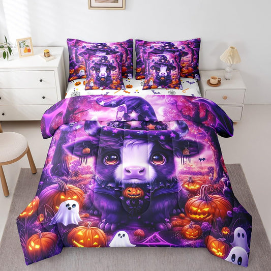 Erosebridal Halloween Highland Cattle Twin Comforter Set 7 Piece for Kids Boys Girls Pumpkin Lantern White Ghost Bed in A Bag with Sheetscartoon Gothic Bedding Set Purple Goth Bed Set