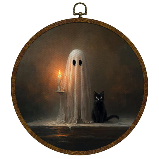 Funny Halloween Ghost and Black Cat Round Wall Art,Gothic Canvas Wall Hanging Decor, Spooky Farmhouse Vintage Round Wall Art for Bedroom Living Room Entryway, Rustic Ghost Gothic Wall Decor,Gift for Halloween 10x10Inch (Dark-Ghost02)