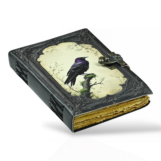 Raven Leather Spooky Gothic Journal Book of Shadows Spell Book Grimoire Halloween Gifts Decor Witchy Gifts for Women Witchcraft Supplies Witch Stuff Handmade Vintage Spells (8x6 Inch, 200 Page)