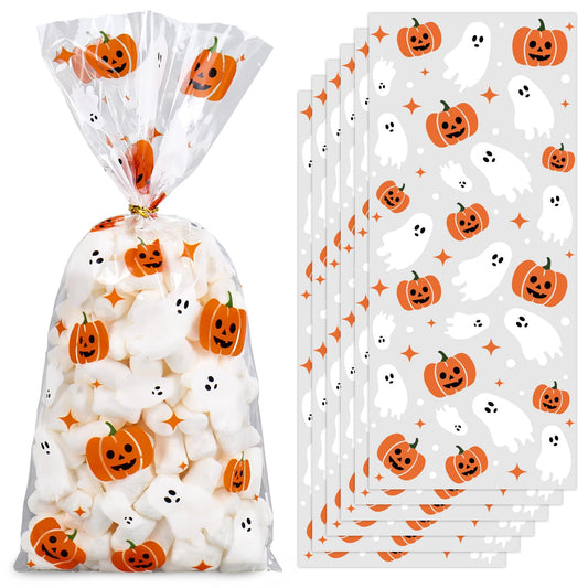 JarThenaAMCS 100Pcs Halloween Cellophane Bags with Twist Ties Ghost Pumpkin Treat Bag Clear Plastic Candy Goodie Bags for Birthday Party Favors Supplies