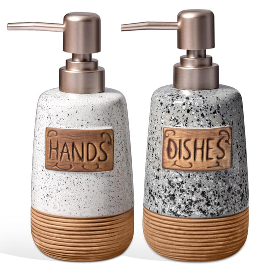 Hand and Dish Soap Dispenser Set, Farmhouse Ceramic Soap Dispenser for Kitchen Sink, 15 OZ Vintage Hand Wash Liquid Dispenser for Bathroom Farmhouse Modern Kitchen Decor Accessories