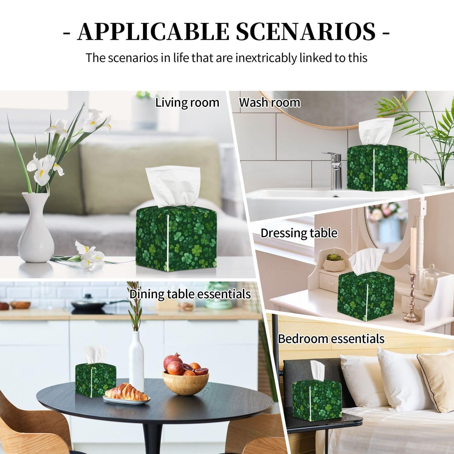 Green Clover Tissue Box Cover Square, Waterproof Leather Tissue Box Holder Portable Dispenser Modern Home Decoration for Bathroom Car Nightstand Vanity