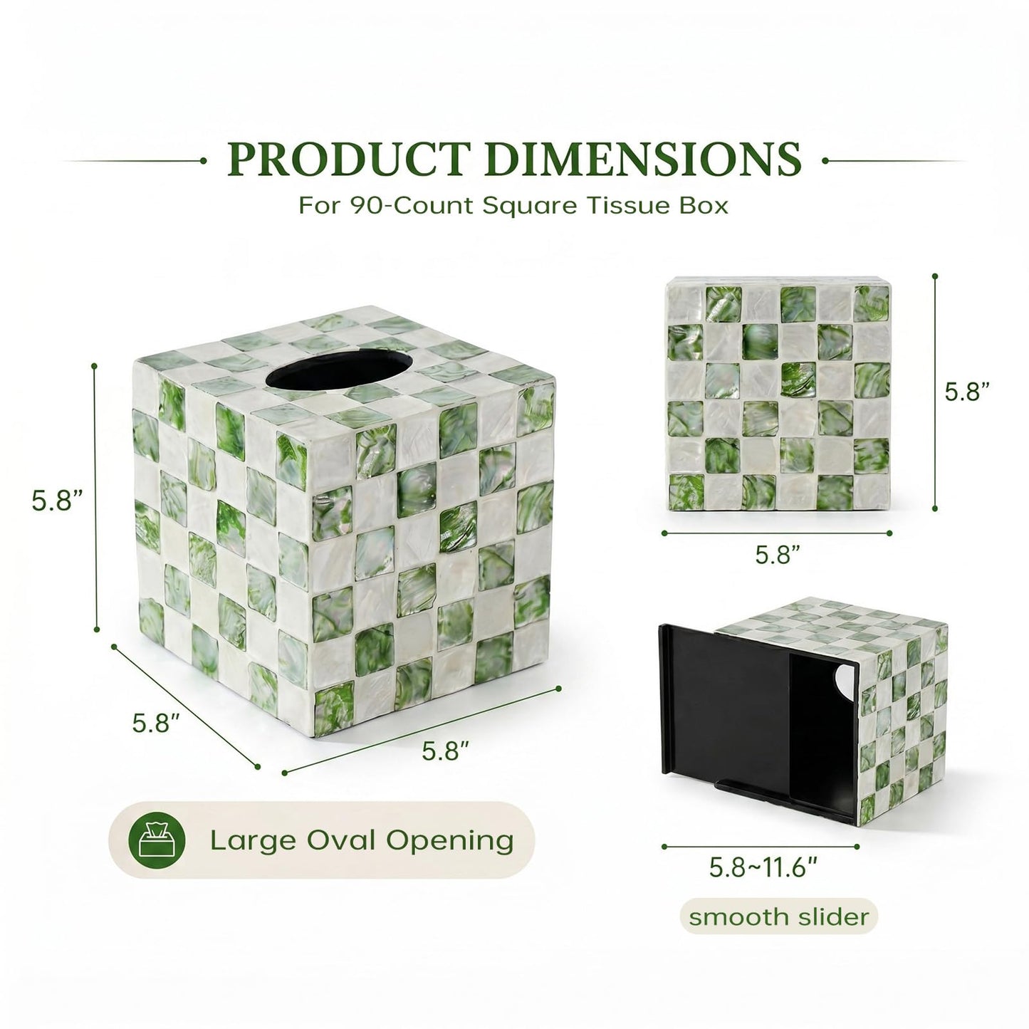 Coeusy Capiz Tissue Box Cover, Square Decorative Tissue Holder with Bottom Slider, Handmade Checkered Cube Tissue Box Cover for Bathroom Vanity,Office or Bedroom,Green