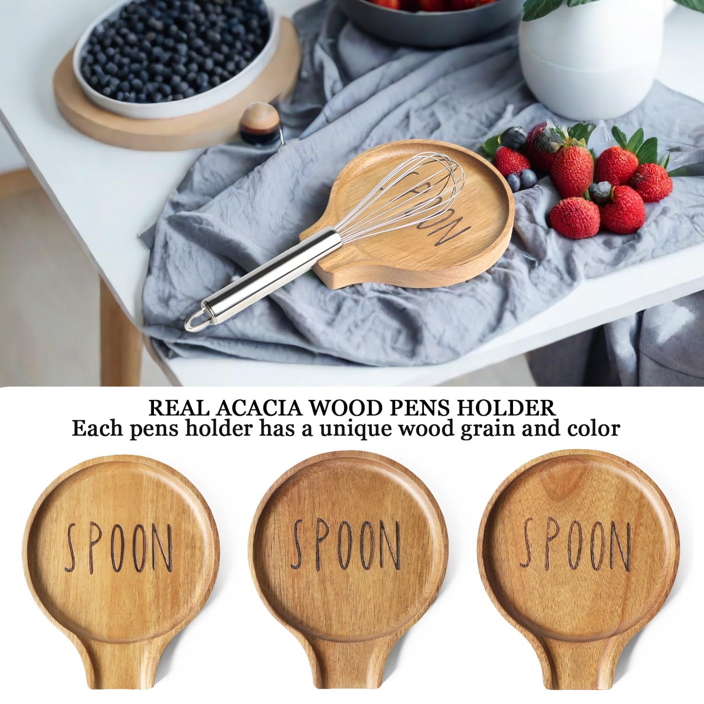 Set of 2 Wood Spoon Rest for Stove Top- Smooth Acacia Wood Spoon Holder for Kitchen Counter with Non Slip Silicone Feet,Perfect Holder for,Spatulas Tongs and Spoons (Brown-(Labeled "SPOON"))