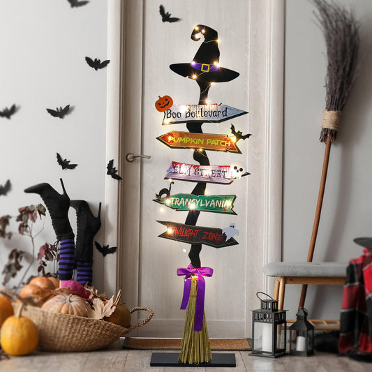 Memorywuu 16 Pcs 47 H Halloween Decorations Set Lighted Outdoor Yard Sign Wooden Street Sign Witch's Broom Spooky Light up Halloween Witch Decorations for Indoor Outdoor Porch Yard Decor