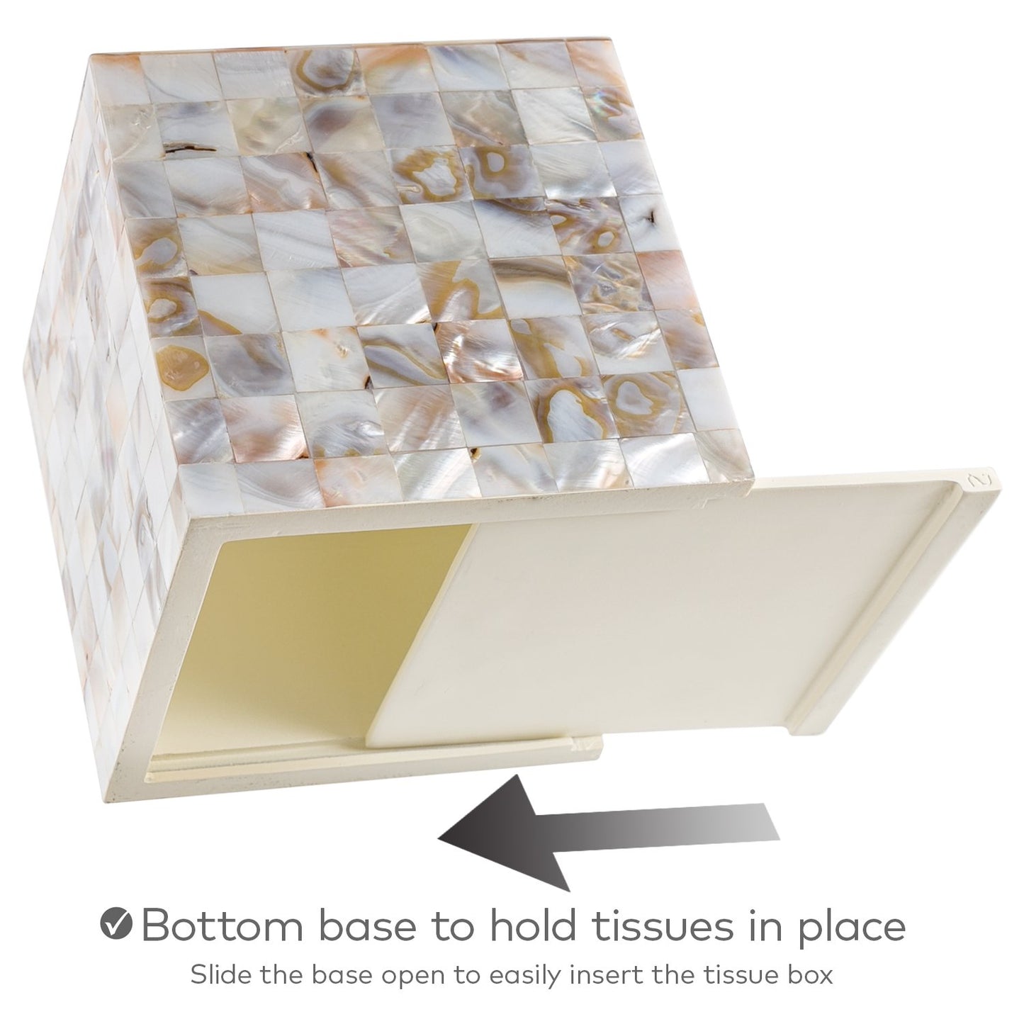 Milano Mother of Pearl Square Resin Tissue Box Cover with Bottom Slider