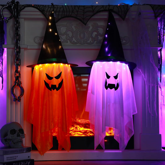 BokingOne Halloween Decoration 2 Pcs Large Halloween Lighted Glowing Ghost Witch Hats, Hanging Ghost Ornaments for Indoor Outdoor Home, Garden, Tree, Yard Party Decor