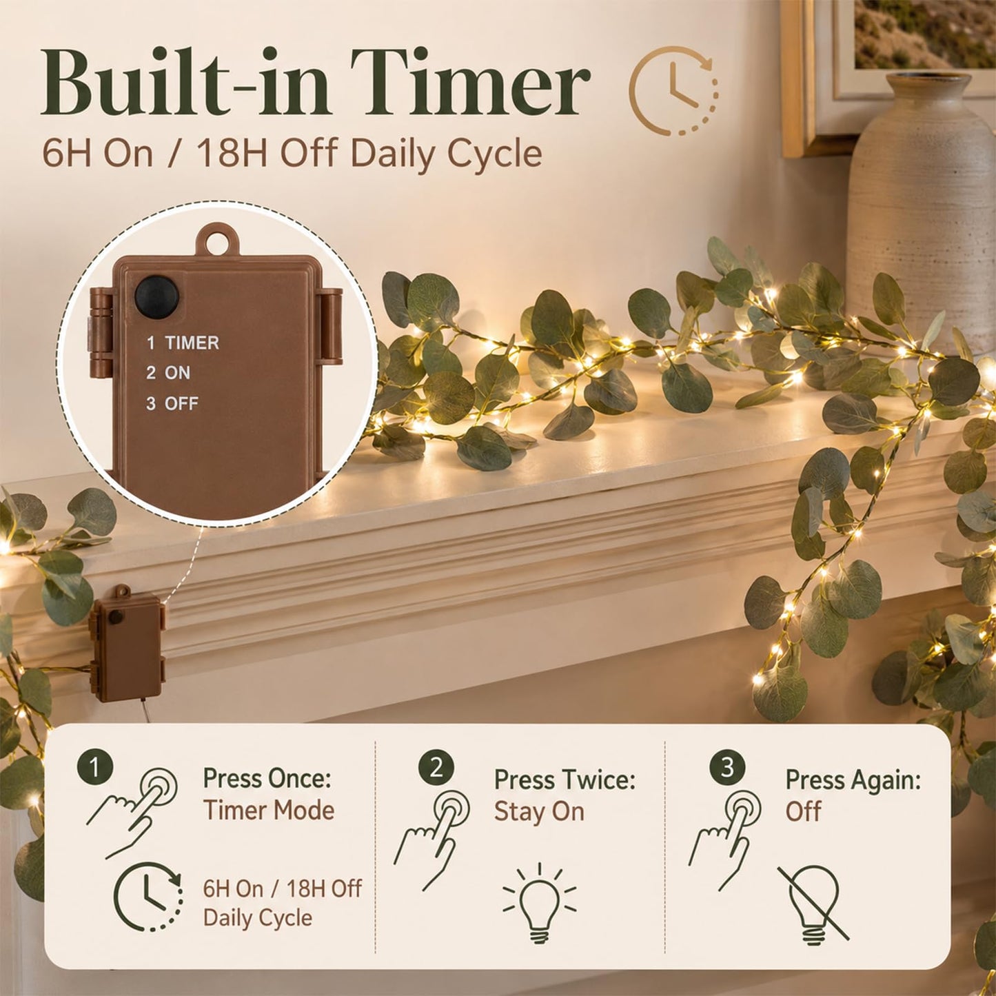 6FT Fairy Light Olive Vine Garland with Timer, 2 Pack – Pre-Lit Artificial Olive Branch Decor with Warm LEDs, Battery Operated Twinkling Tree Lights for Fireplace, Table, Holiday & Everyday Home Decor