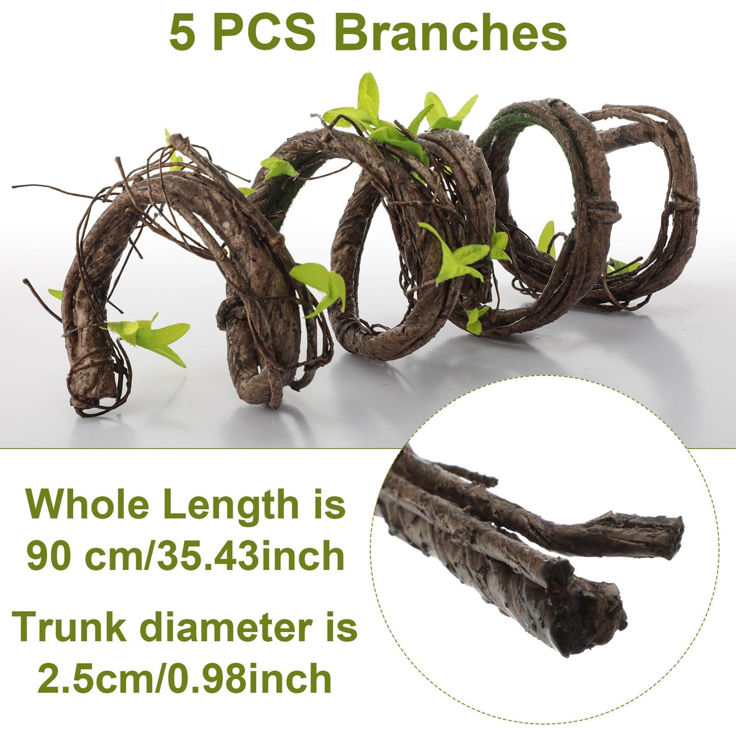 Suncalla 5 Pcs Artificial Bendable Tree Branches for Decoration Fake Trunk Garland Twigs Leaves Cherry Blossom Grape Vines for Wall Hanging Front Door Reptile Habitat Decoration (35in,Natural)