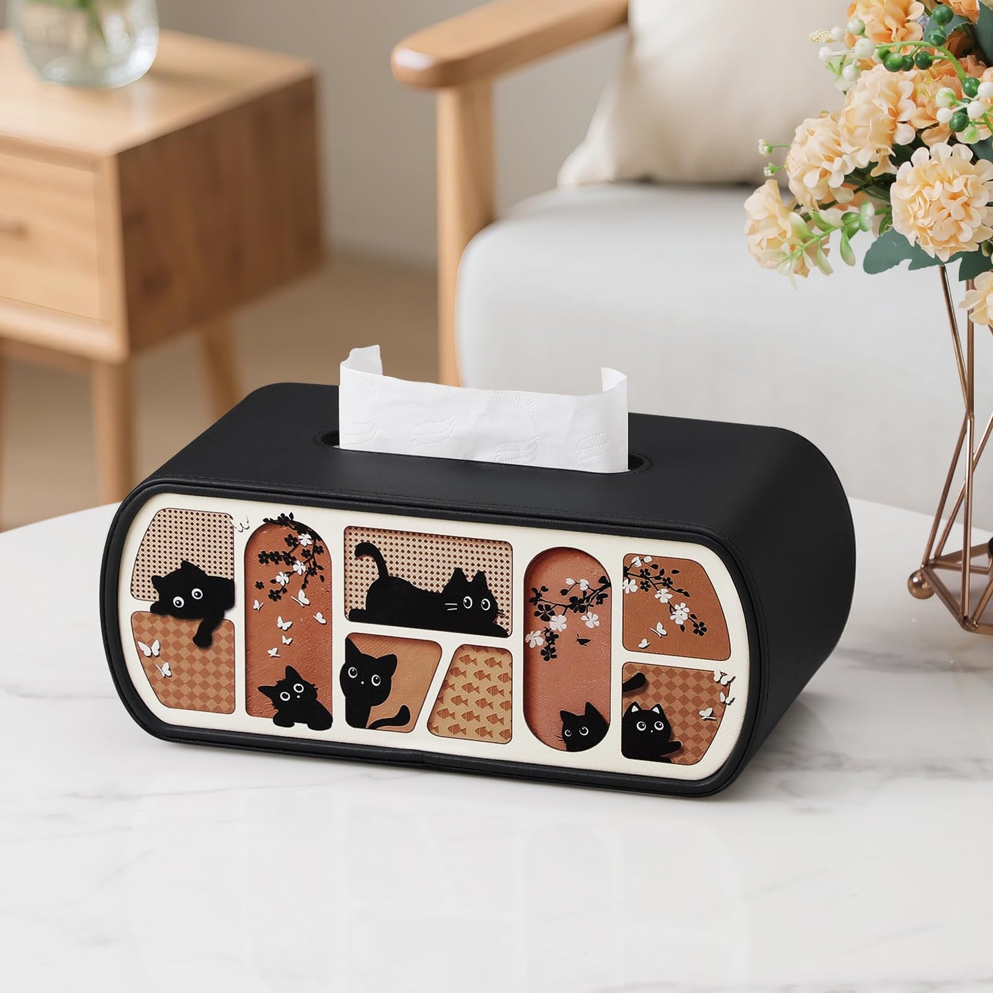 MEIBOOCH Cat-Themed Tissue Box Cover, Cat Lover Gifts PU Leather Tissue Cover, Square/Rectangular Tissue Holder for Bathroom Living Room Office (Black, Rectangle - for 120/160 Count Tissue Boxes)