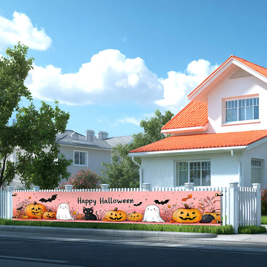 Pink Halloween Decor Banner 10 x 1.6 ft Decorations Yard Signs Party Supplies Backdrop Headstones Welcome Hanging Decor for Outdoor Indoor Home Front Door Fence Garage Balcony Garden Porch (3)