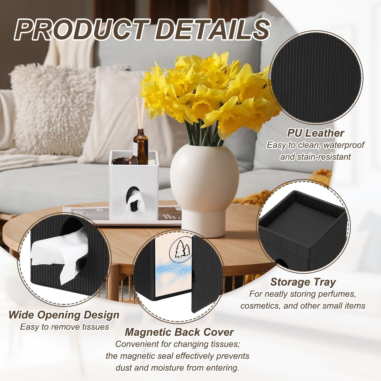 PATIKIL Tissue Box Cover Square with Storage Tray, 6.1x6.5x5.5 PU Leather Decorative Organizer Tissue Box Holder for Bathroom Vanity Countertop Bedroom Home Office Night Stand, Black