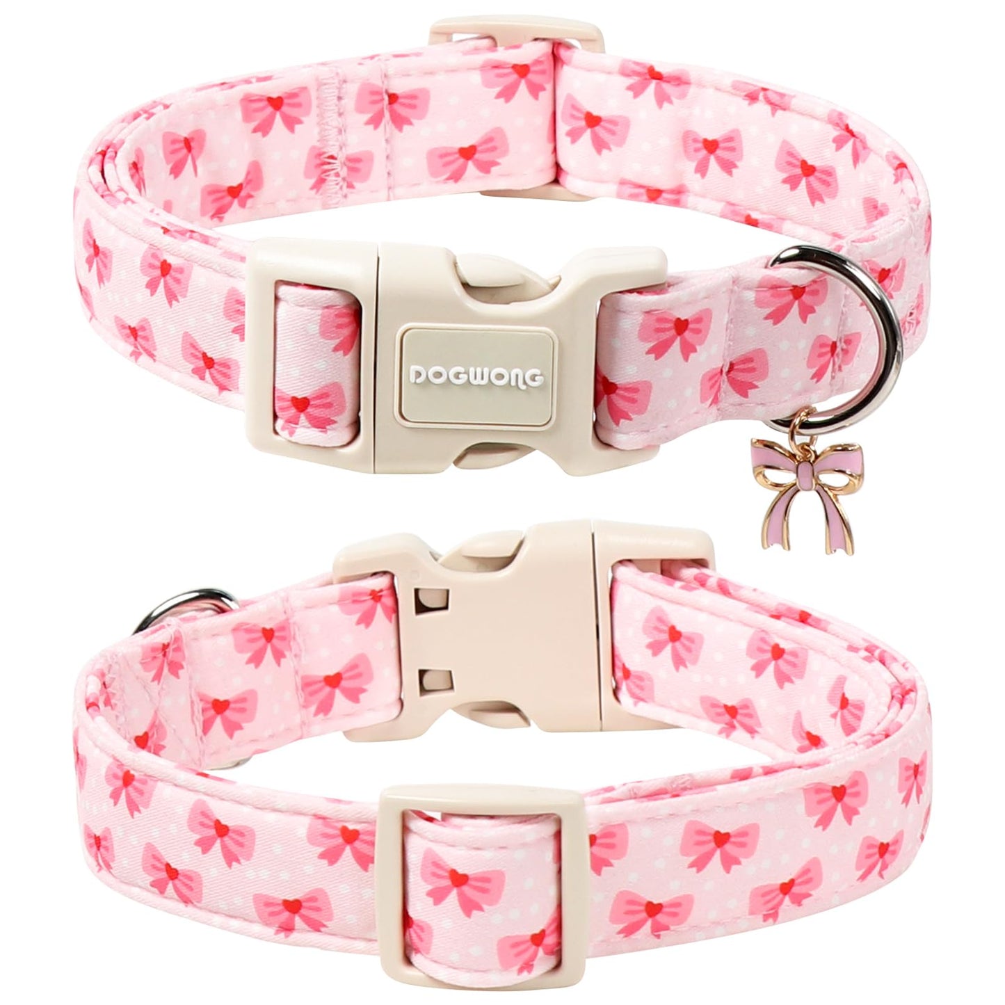 DOGWONG Cute Bowtie Printed Collar for Small Medium Large Dogs - Pink Dog Collar for Girl Female Dogs,M