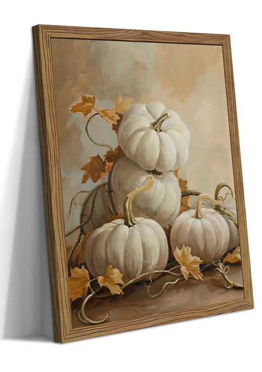 Framed Vintage Halloween Pumpkin Wall Art, Spooky Pumpkin Still Life Canvas Print, Autumn Leaves Oil Painting Style Artwork, Rustic Farmhouse Wall Decor for Living Room Kitchen Dining Room 8x10in