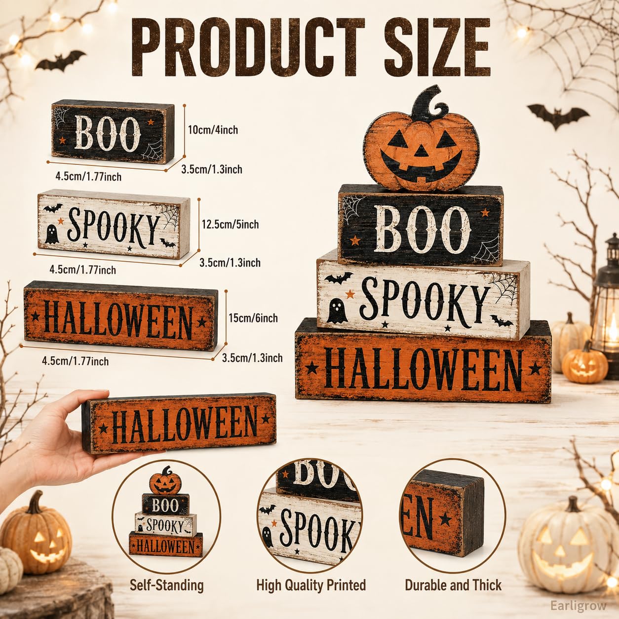 4 Pcs Halloween Table Decorations, Spooky Boo Tiered Tray Decor, Wooden Block Signs with Jack-O-Lantern, Farmhouse Rustic Tabletop Centerpiece for Home Shelf Kitchen Coffee Bar