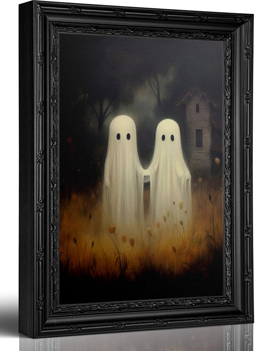 Vintage Dark Ghosts in Wildflower Meadow Canvas Wall Art,Framed Cute Ghost Couple wall Decor,Spooky Fall Halloween Ghost Painting Print,for Living Room Bedroom Home Decoration 9x11Inch
