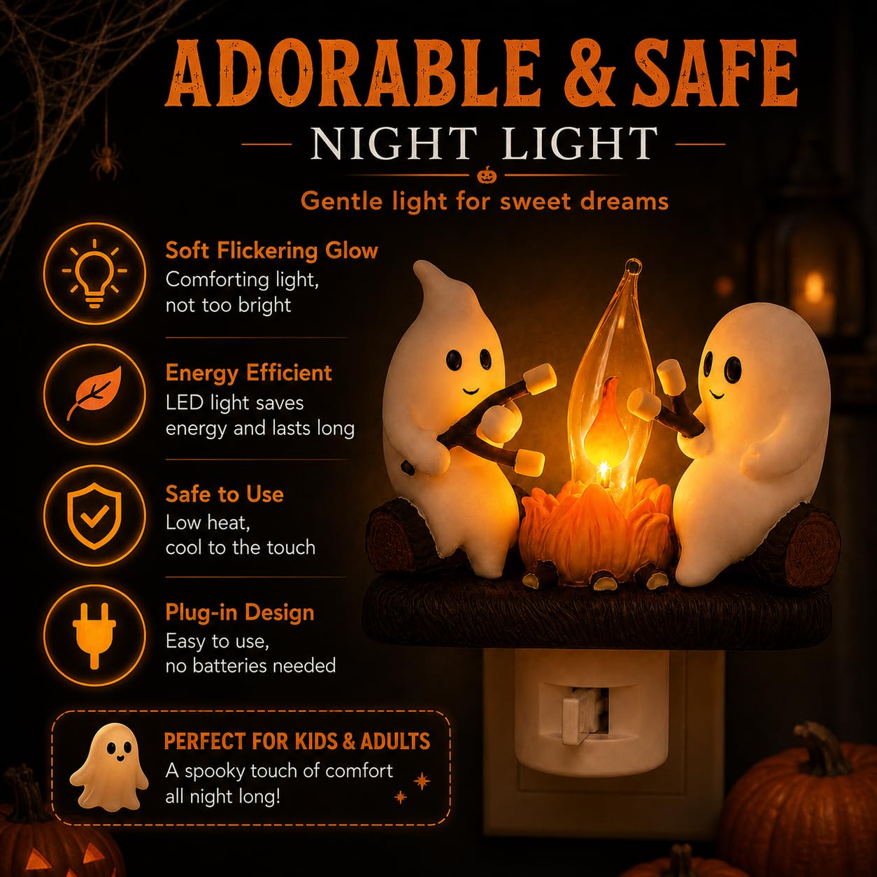MXXT Ghost Campfire Night Light, Plug-in Wall Flickering Flame Nightlight, Halloween 3D Cute Spooky Marshmallow Ghost Decoration for Bedroom, Spooky Season Home Halloween Decor for Kids Adults