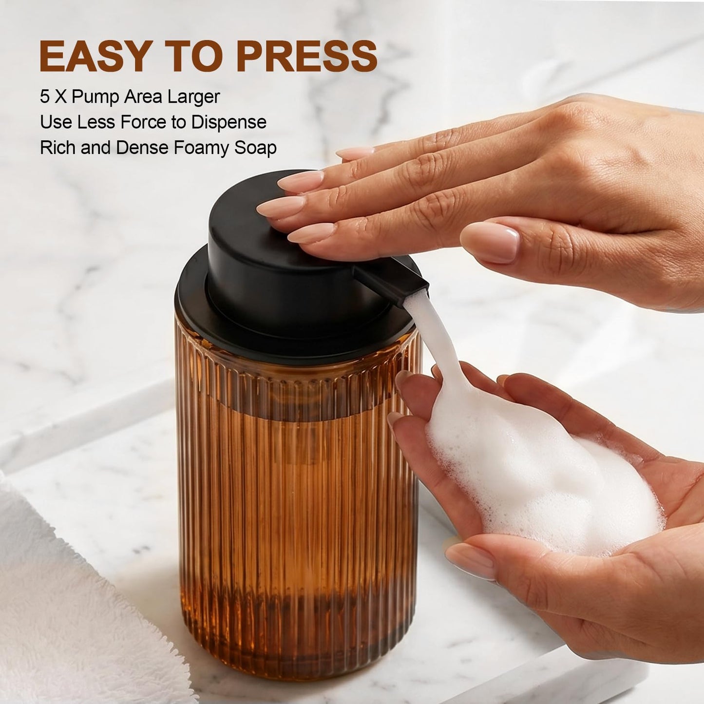 KASUNTING Foaming Soap Dispenser, Amber Glass Foam Hand Soap Dispenser for Bathroom, 11 Fl Oz Ribbed Refillable Foaming Pump Bottle with Black Pump, Modern Dish Soap Foam Dispenser