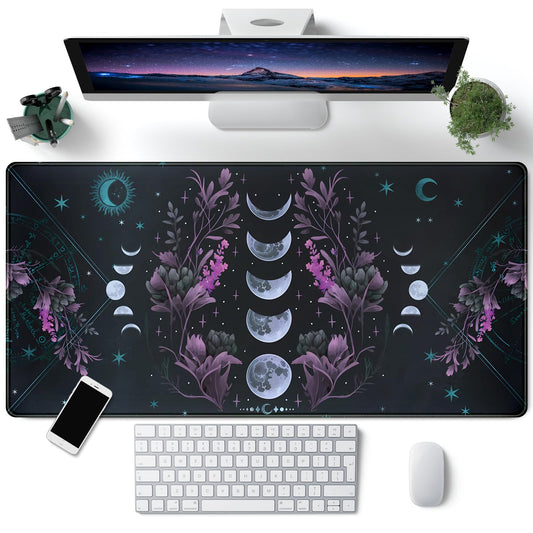Celestial Moon Phases Mouse Pad Large Purple Desk Mat Forest Extended Gaming Mousepad Violet Teal Desk Pad XXL 31.5 x 15.7 in Laptop Computer Mouse Keyboard Mat for Office Desk Decor