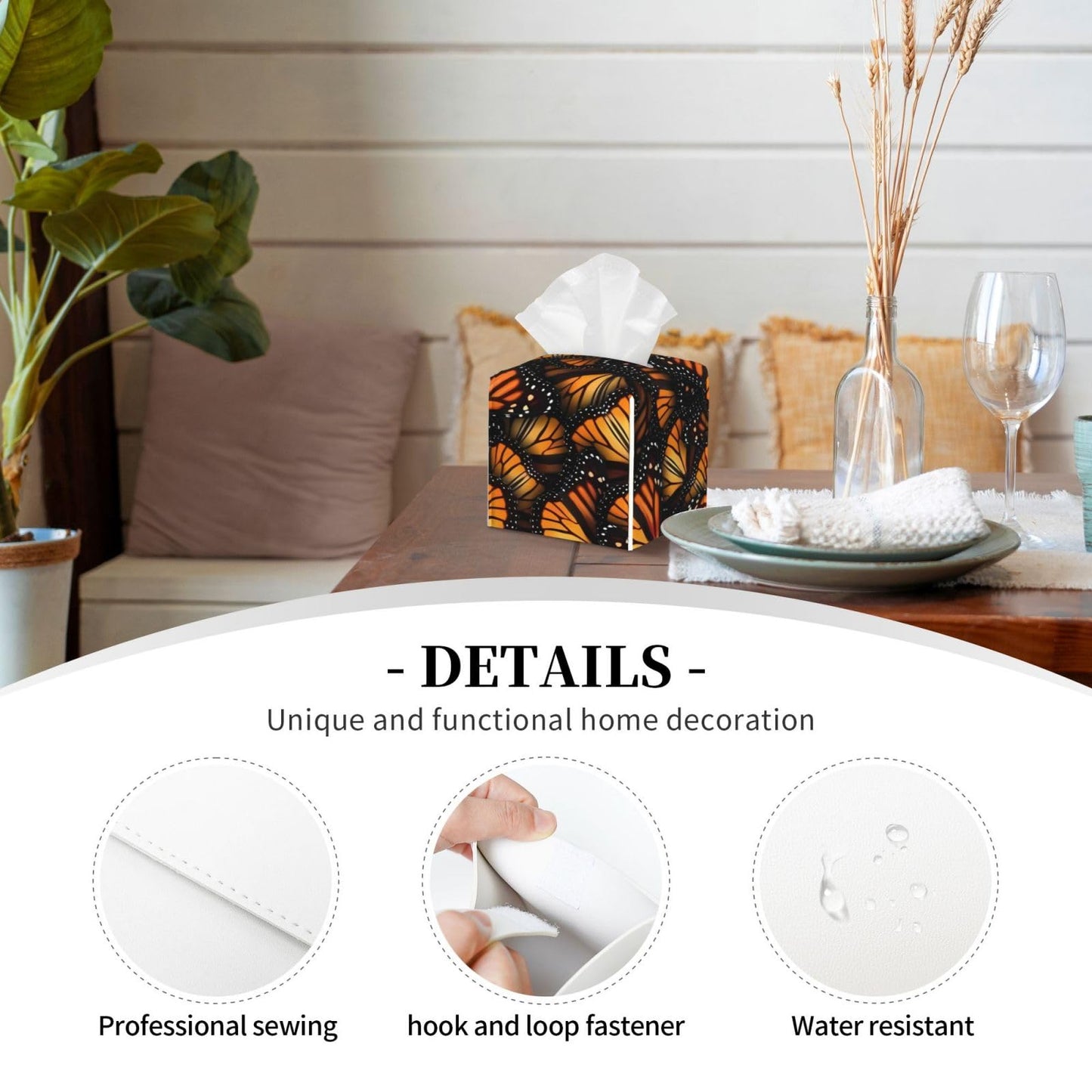 Tissue Box Cover Orange Monarch Butterflies Modern PU Leather Square Tissue Box Holder - Decorative Holder/Organizer for Bathroom Vanity Countertop, Night Stands, Office Desk & Car 5"X5"X5"