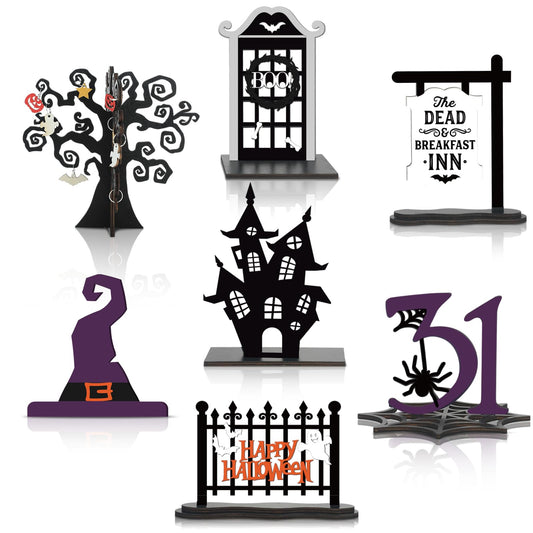 Soaoo 7 Pcs Halloween Wood Centerpieces Decorations 3D Halloween Tiered Tray Wood Decor Spooky Theme Decorations Ghost Party Table Topper for Home Table Shelf Party Display Centerpieces Photo Prop